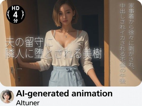 【4分】夫の留守に隣人に堕とされる美樹 ―― 家事着から徐々に剥がされ、中出しされイカされる不倫の午後【AItuner】